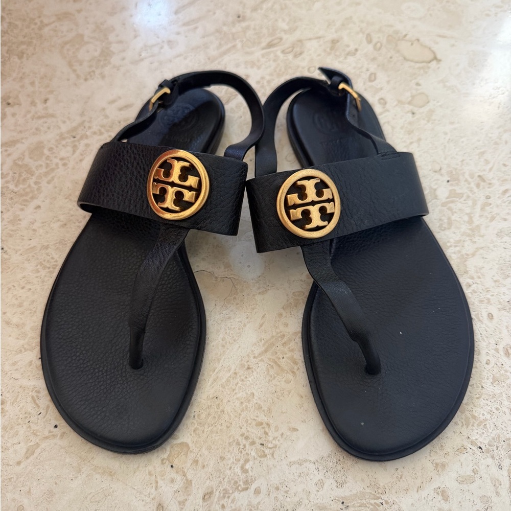 Tory Burch Black Sandals with Gold Emblem